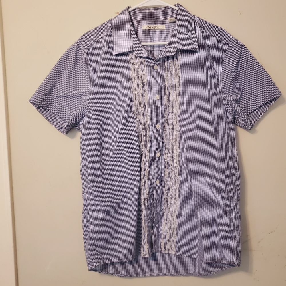 Mens Kenneth Cole New York Button Down Short Sleeve Shirt Sz L Blue &White